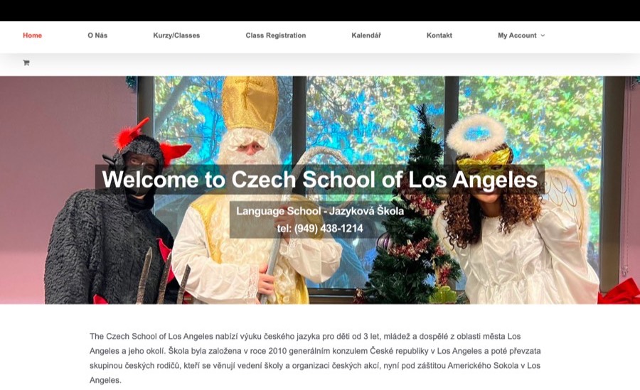 Home page of the Czech School of Los Angeles website, showing class information and navigation