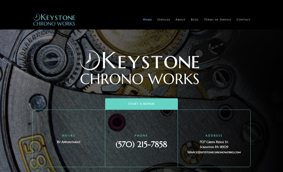 Home page of the Keystone Chrono Works website, with a start a repair button and shop details