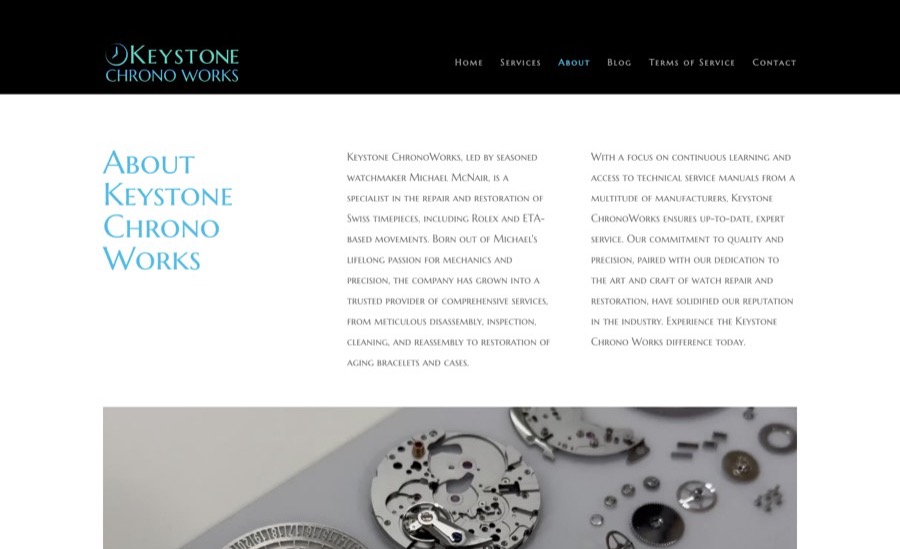 The about page, introducing the watchmaker